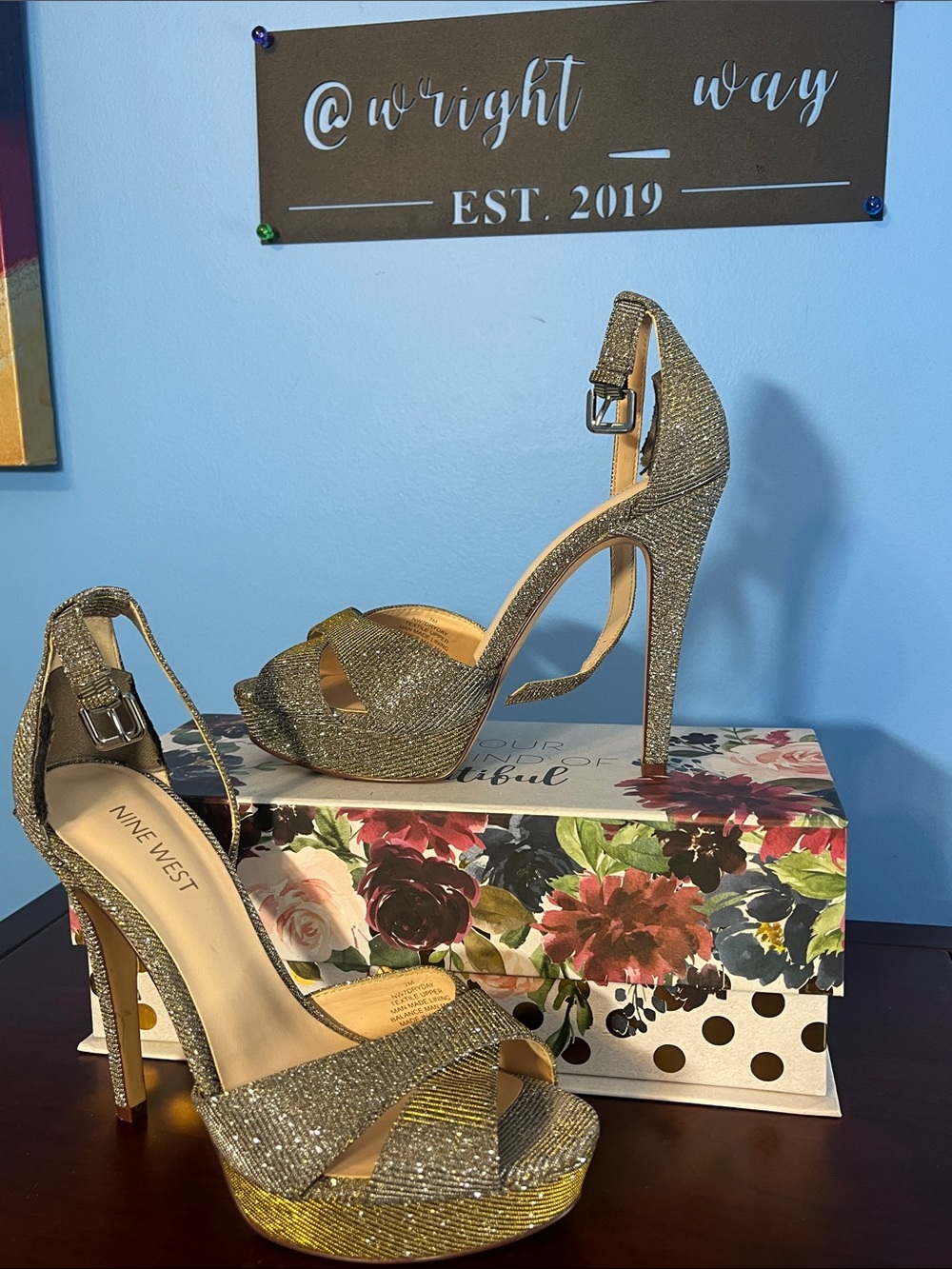 Nine West Gold/Silver Glitter Platform Stiletto Sandals, Size 7
